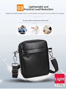 Detail of lightweight black nylon crossbody bag showing smooth texture and 0.18kg weight
