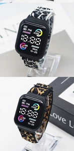 Close-up of square LED digital sports watch featuring leopard print nylon elastic straps