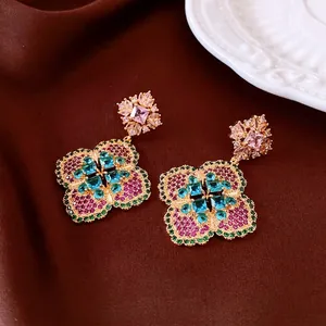 Flower Drop Earrings Copper Cubic Zirconia With 925 Sterling Silver Earring Post Retro Palatial Statement Jewelry Women