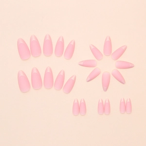 Matte pink almond press-on nails with pearlescent French tips in a 24-piece set
