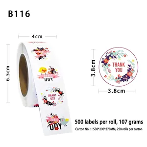 Floral Thank You stickers roll 500 count 3.8cm round adhesive labels for packaging