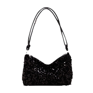 Sparkly black sequin underarm shoulder bag with adjustable strap and silver zipper closure
