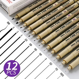 Set of 12 waterproof fineliner drawing pens with assorted nib sizes from 005 to BR