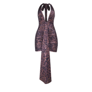 Detailed view of leopard print halter mini dress with pleated fabric and neck ties