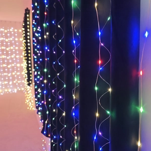 Macro detail of colorful LED curtain fairy lights with a bokeh background effect