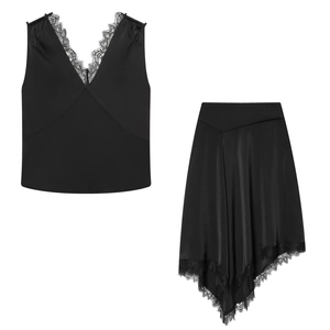 Black Satin Lace Trim Sleeveless V Neck Top And Asymmetric Hem Skirt Street Style Elegant Women