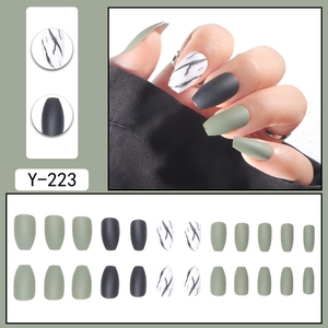 Short coffin press-on nails with matte marble, olive green and black designs, 24pcs set