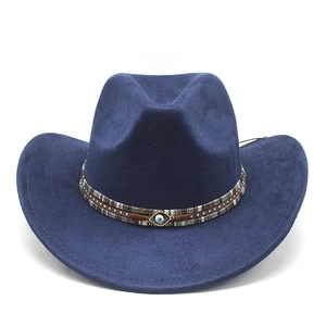 Detail view of navy blue faux suede cowboy hat with bohemian ribbon and rivet accents