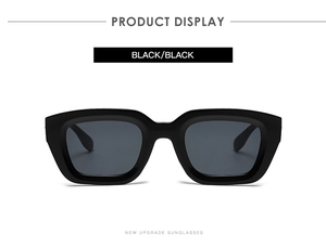 Close-up of black square thick frame sunglasses showing premium hinges and sleek finish