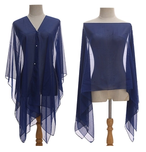 Front and back view of a sheer navy blue lightweight summer shawl on a mannequin