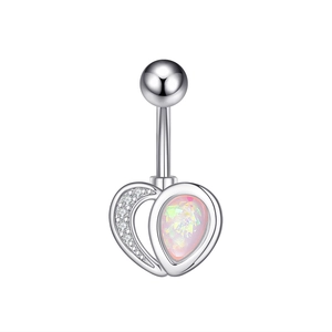 Detail of silver heart navel ring with colorful opal and sparkling zircon stones