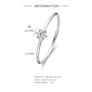 Detail view of 925 sterling silver ring showing 4mm zirconia and dimensions on white background