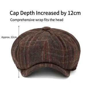 Brown plaid wool newsboy cap for men featuring a deep 12cm fit for autumn and winter warmth