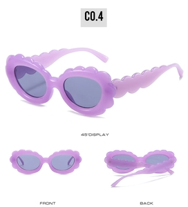 Detail view of purple sunflower frame sunglasses with wavy temples in three angles