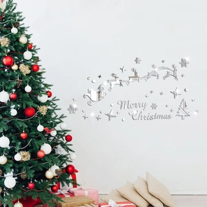 Silver mirror acrylic Merry Christmas wall decals with reindeer and snowflake details
