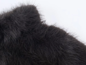 Close-up of high-quality dark grey faux fur coat showing dense and fluffy hair texture