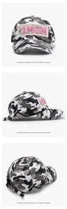 Detailed views of camouflage baseball cap featuring #1 MOM chenille embroidery and distressed brim