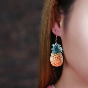 Creative realistic pineapple pendant earring with yellow fruit and green leaf crown