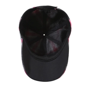 Classic red and black plaid baseball cap with detailed inner lining and sweatband view