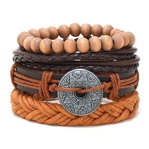 Vintage Multilayer Braided Cowhide Bracelet For Men Handmade Leather Cord Wood Beads Totem Alloy Adjustable Jewelry Gift