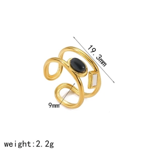 Bague vintage française en acier inoxydable doré 18 carats avec gemme noire et détail blanc