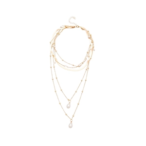 Multi-layer gold necklace with flat snake chain and white teardrop pearl pendants