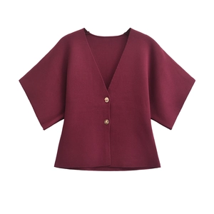 Detail of burgundy V-neck short sleeve knit cardigan with double buttons and fine texture