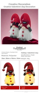 Detail of glowing Valentine's Day gnome dolls with LOVE sign and warm LED lighting