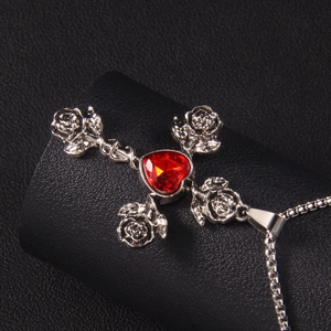 Hip hop stainless steel cross necklace with rose flowers and red heart gem pendant
