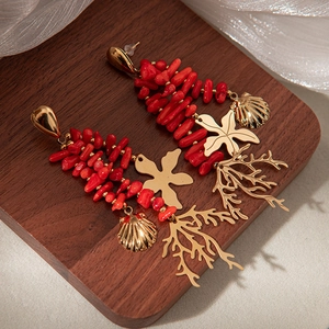 Heavy metal stainless steel coral tassel earrings with golden starfish and sea shell