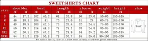 Maattabel voor oversized hoodies met schouder-, borst- en lengtematen van maat S tot 3XL