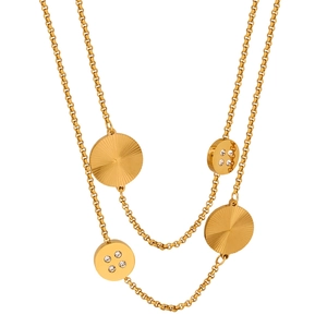Elegant gold double layer titanium steel necklace with textured round pendants