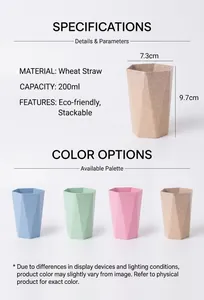 Macro view of 200ml wheat straw mouthwash cups with hexagonal grip in four colors