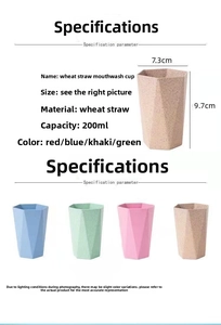 Macro view of 200ml wheat straw mouthwash cups with hexagonal grip in four colors
