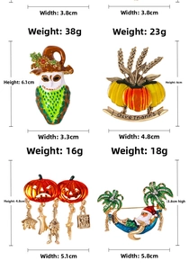 Detailed dimensions and weight of holiday brooches featuring pumpkins and Santa Claus