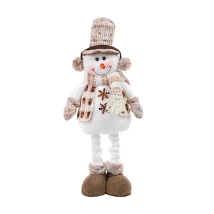 Christmas snowman doll with telescopic legs and warm brown knit hat for table decoration