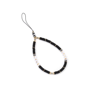 Detail of beaded phone strap with black discs, gold beads, and white LOVE letter charms