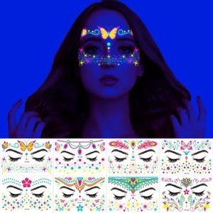 Detail showing 8 styles of neon glow face tattoo stickers for festivals and parties