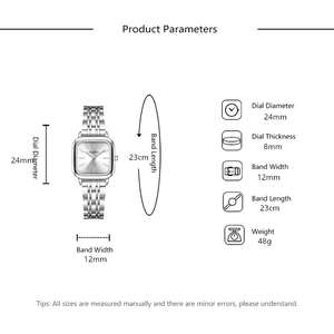 Detailed size parameters of silver square watch with 24mm dial and 12mm steel strap