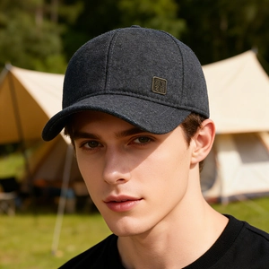 Mens dark grey wool baseball cap with ear protection and metal emblem for outdoor winter wear