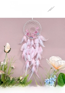 Detail of dream catcher with pink feathers and butterflies for room wall decoration