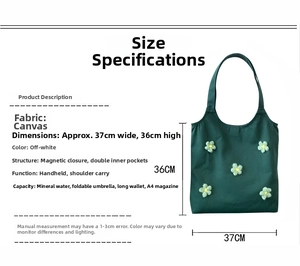 Detailed view of green canvas tote bag with 3D floral accents and internal pockets