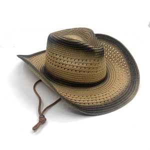 Brown gradient straw cowboy hat with wide brim, breathable weave, and adjustable chin strap