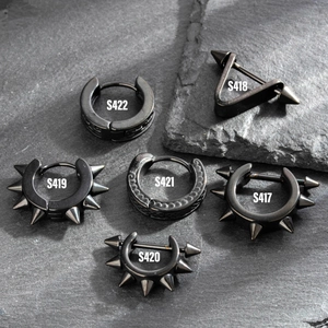 Unisex black stainless steel punk hoop earrings set with geometric spike and cone designs