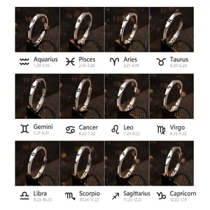 Minimalist S925 silver zodiac signs open ring set with engraved astrological symbols