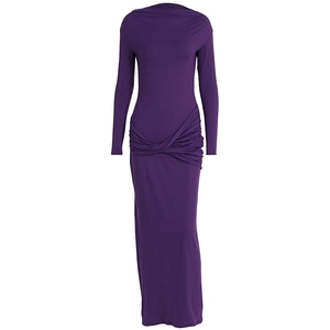 Detailed view of the elegant dark purple long sleeve dress featuring side ruching details