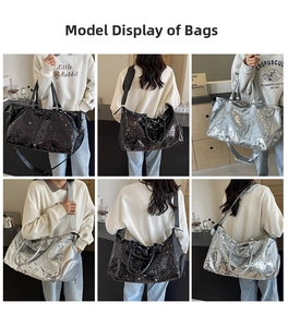 Bolsa de viaje grande con lentejuelas en negro y plata mostrada por una modelo real.