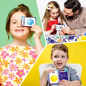 Space planet flashcards for kids education showing interactive father and child learning play
