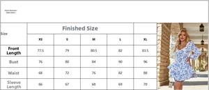 Detailed size chart for floral dress with measurements for XS to XL sizes