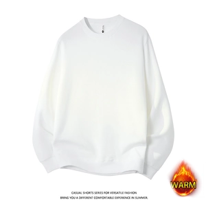 Men's solid white crewneck sweatshirt with warm fleece lining and ribbed cuffs